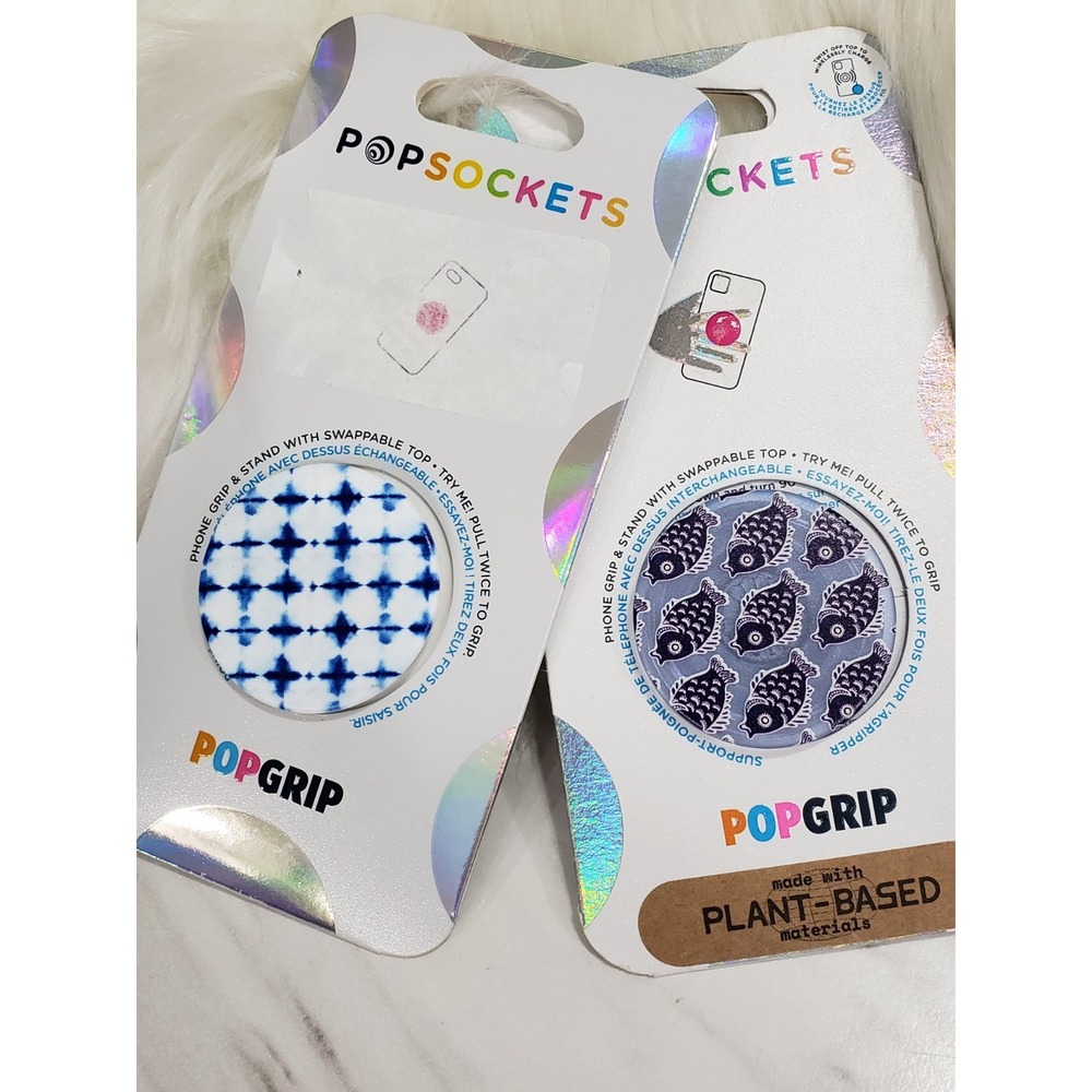 LOT 2 PopSockets Cell Phone Grip blue fish tie dye‎ nautical beach fishing teen